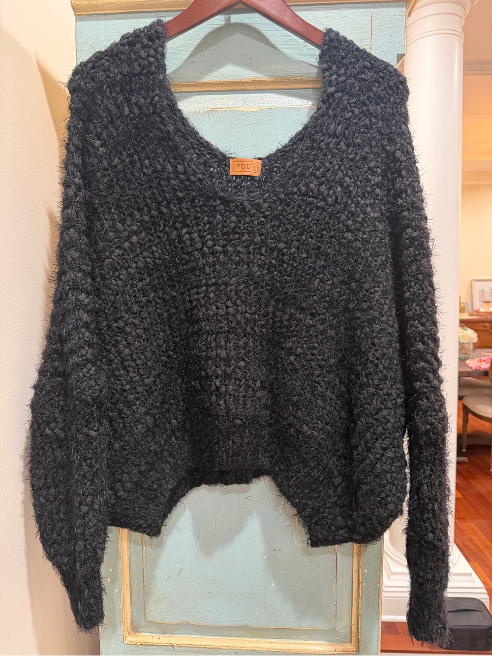 POL Deep V Neck Chunky Textured Boucle Knit Sweater Black Small S Oversized